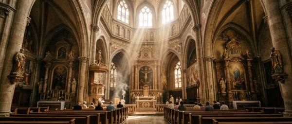 El interior ricamente decorado de una iglesia donde haces de luz solar y humo de incienso caen sobre el altar y los fieles en los bancos