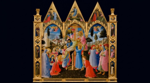 El retablo dorado de Fra Angelico que muestra el cuerpo de Cristo descendido de la Cruz entre quienes lo lloran