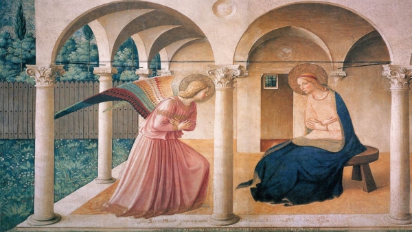 El fresco de la Anunciación de Fra Angelico: el ángel Gabriel arrodillado ante la Virgen María bajo una logia