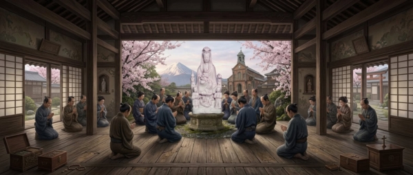 Ilustración: hombres y mujeres japoneses en kimono rezan de rodillas alrededor de una estatua blanca de Maria Kannon, con cerezos en flor, el monte Fuji y una iglesia al fondo