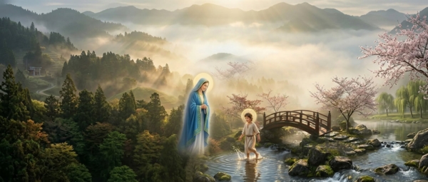 Ilustración: la Santísima Virgen María, con manto azul, observa al Niño Jesús vadear un arroyo de montaña japonés, con un puente de madera y cerezos en flor