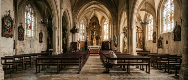 El interior de una tranquila iglesia gótica con vidrieras, donde una mujer con pañuelo en la cabeza reza sentada en un banco vacío
