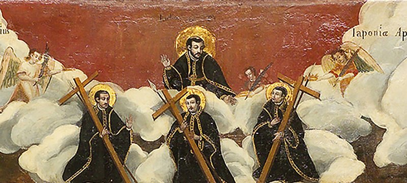 Detail of a Japanese painting of about 1635: St Francis Xavier in glory above three Jesuit martyrs of 1597, St Paul Miki, St John Soan de Goto and St James Kisai, each holding a cross