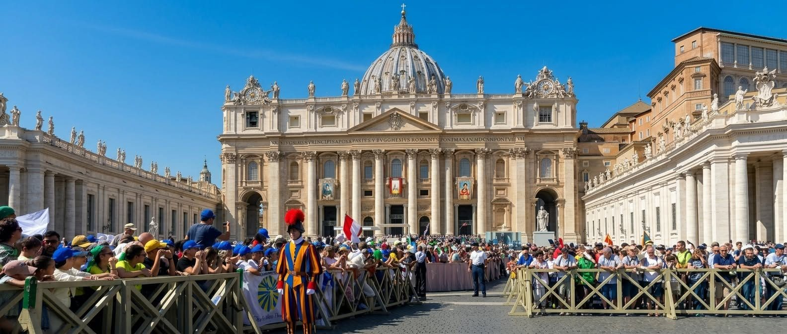 St Peter's Basilica and St Peter's Square, Vatican City, with a Swiss Guard and pilgrims